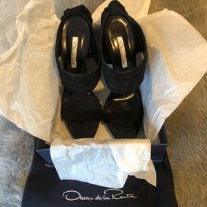 Oscar de la Renta black suede mule sandals w/bow